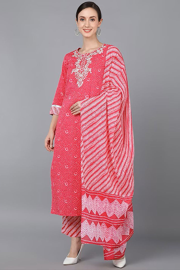 Pink Pure Cotton Bandhani Straight Suit Set | SHOBITAM