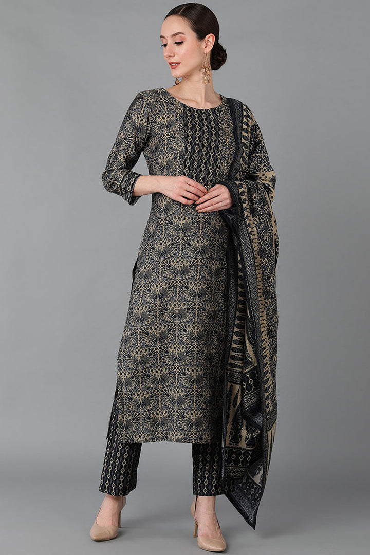Black Silk Blend Straight Kurta Pant With Dupatta | SHOBITAM