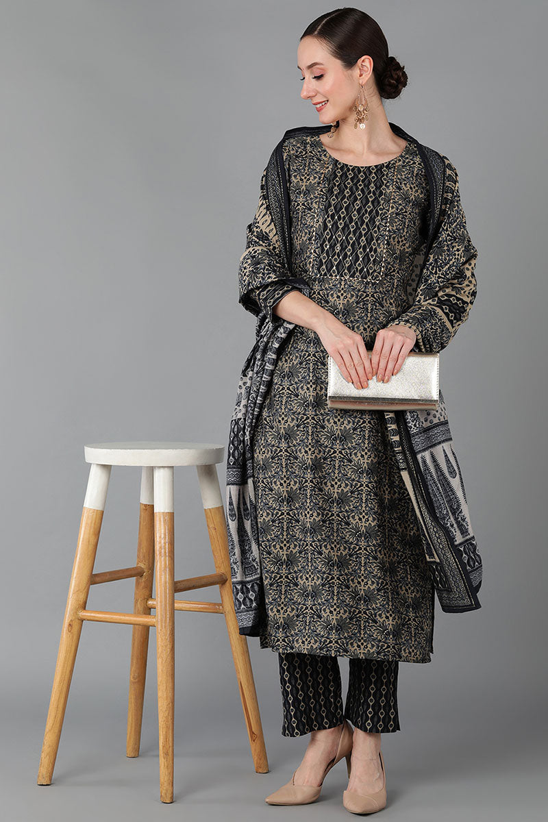 Black Silk Blend Straight Kurta Pant With Dupatta | SHOBITAM