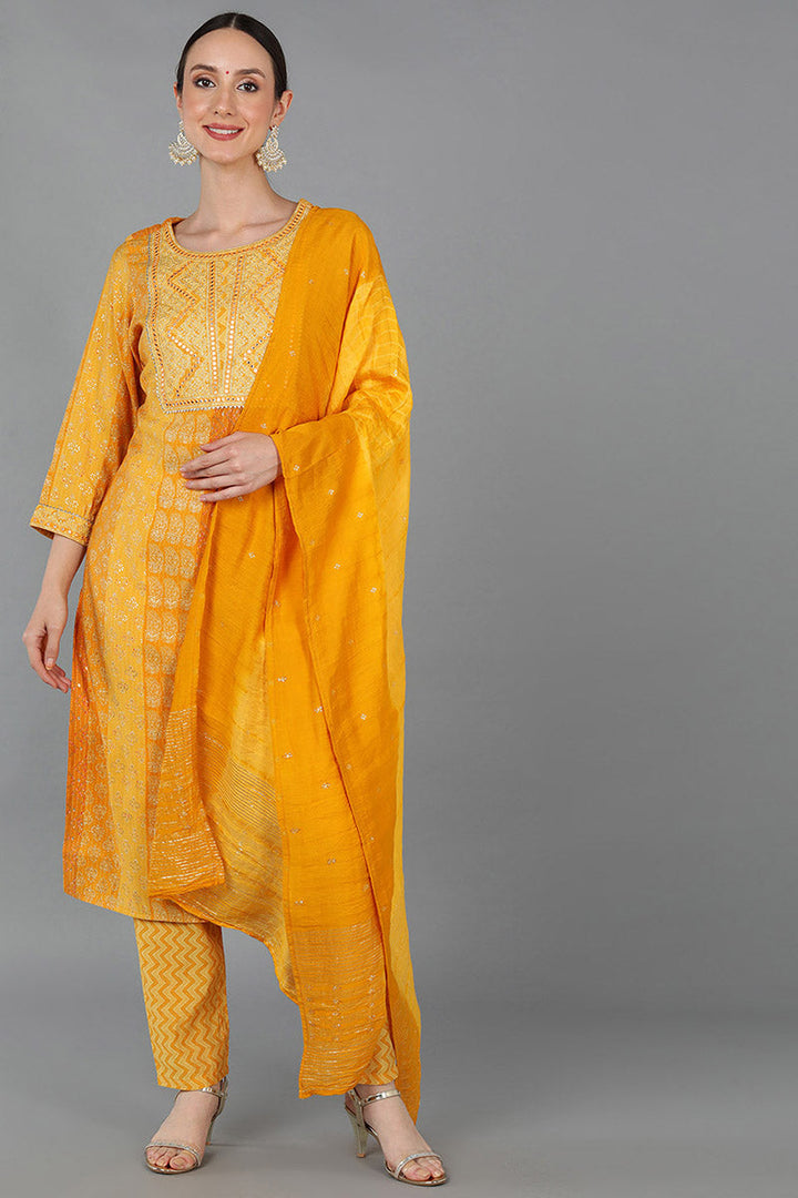 Mustard Silk Blend Ethnic Motifs Straight Kurta Trousers With Dupatta  | SHOBITAM