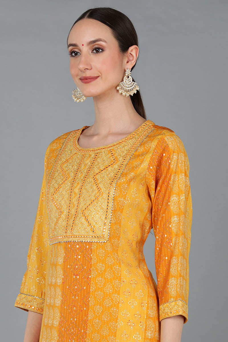 Mustard Silk Blend Ethnic Motifs Straight Kurta Trousers With Dupatta  | SHOBITAM