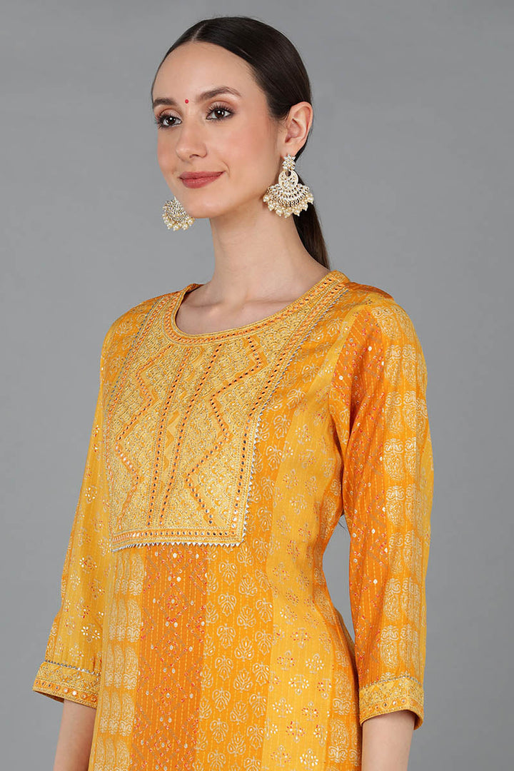 Mustard Silk Blend Ethnic Motifs Straight Kurta Trousers With Dupatta  | SHOBITAM
