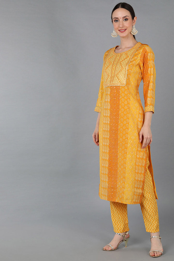 Mustard Silk Blend Ethnic Motifs Straight Kurta Trousers With Dupatta  | SHOBITAM