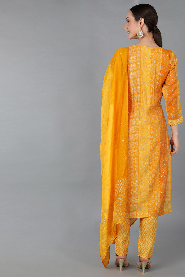 Mustard Silk Blend Ethnic Motifs Straight Kurta Trousers With Dupatta  | SHOBITAM