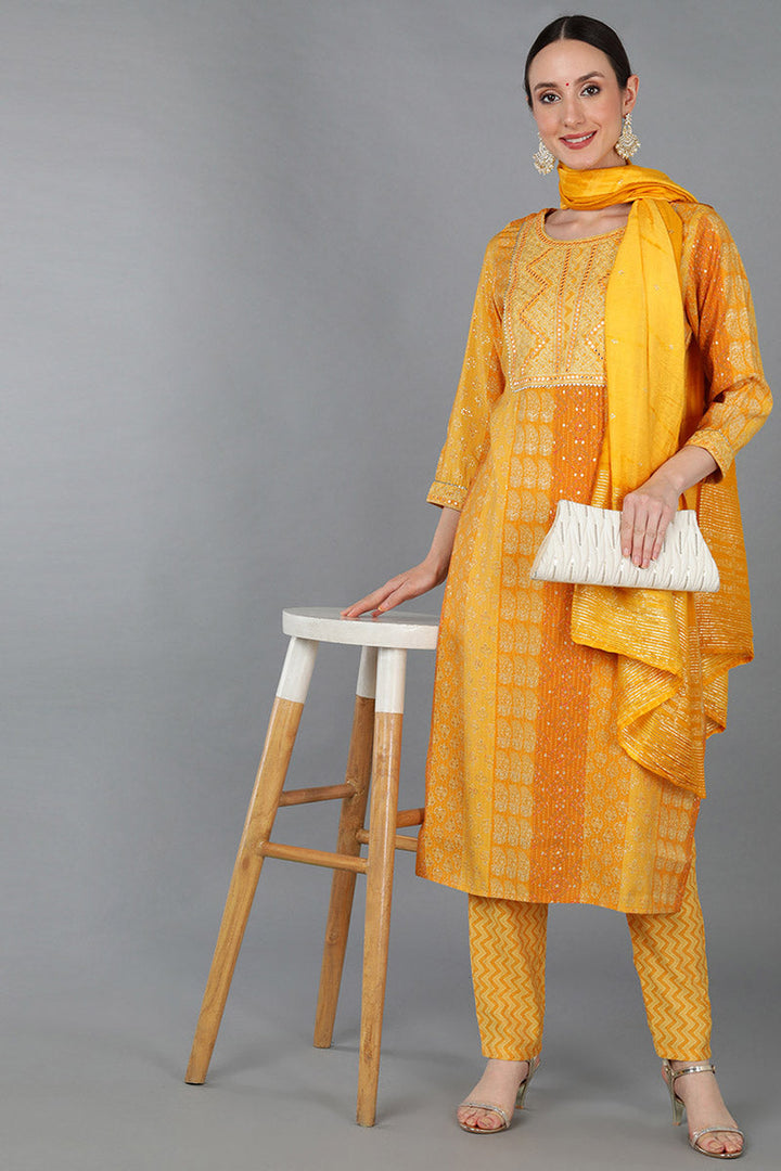 Mustard Silk Blend Ethnic Motifs Straight Kurta Trousers With Dupatta  | SHOBITAM
