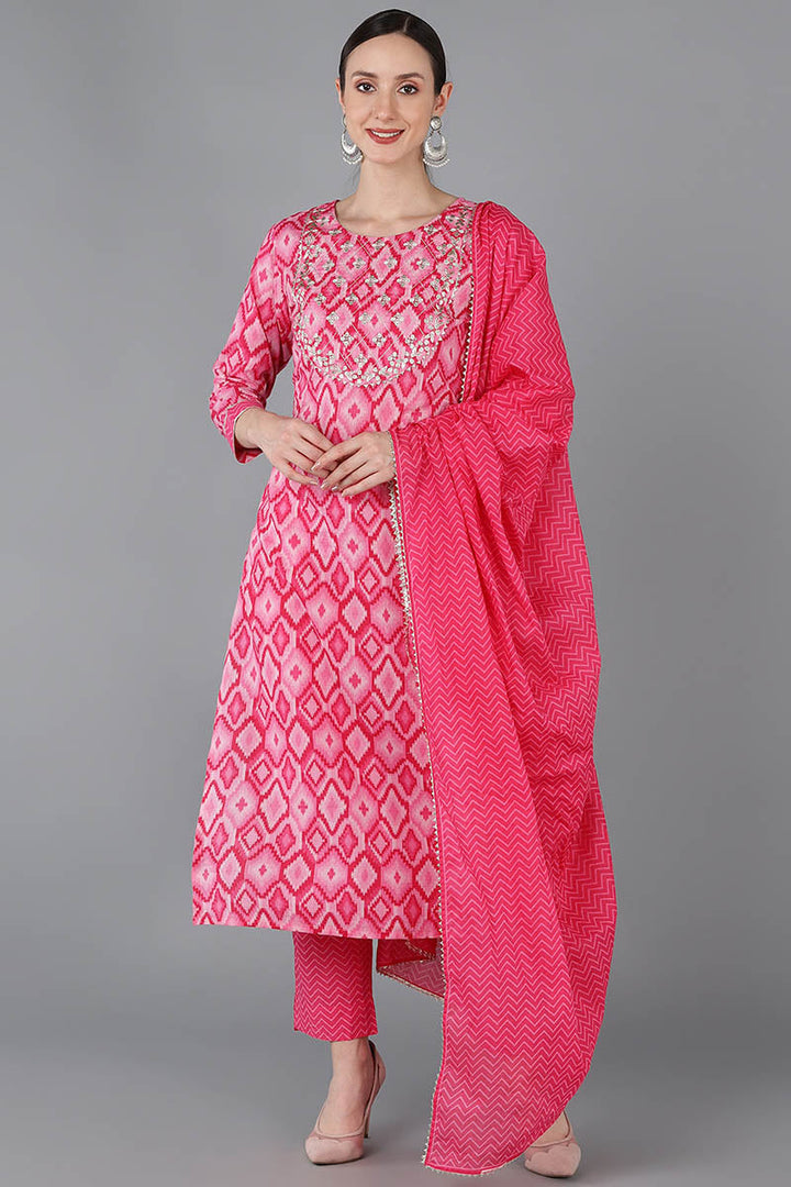Pink Pure Cotton Gotta Patti Straight Suit Set   | SHOBITAM