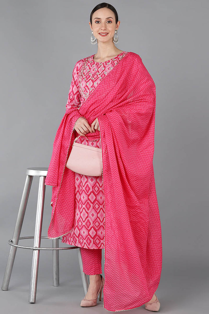 Pink Pure Cotton Gotta Patti Straight Suit Set   | SHOBITAM