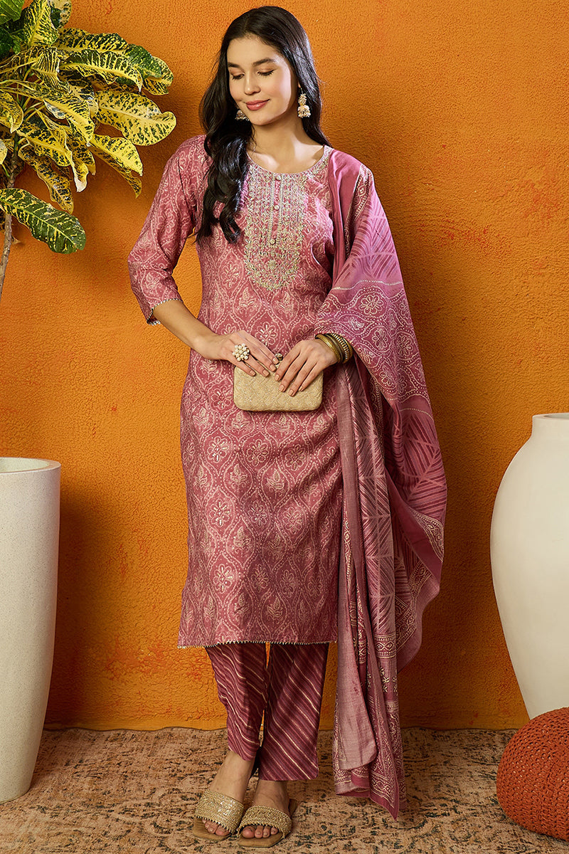 Pink Silk Blend Bandhani Print Embroidered Straight Suit Set  | SHOBITAM