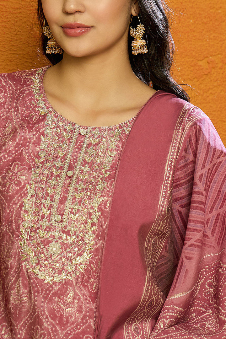 Pink Silk Blend Bandhani Print Embroidered Straight Suit Set  | SHOBITAM