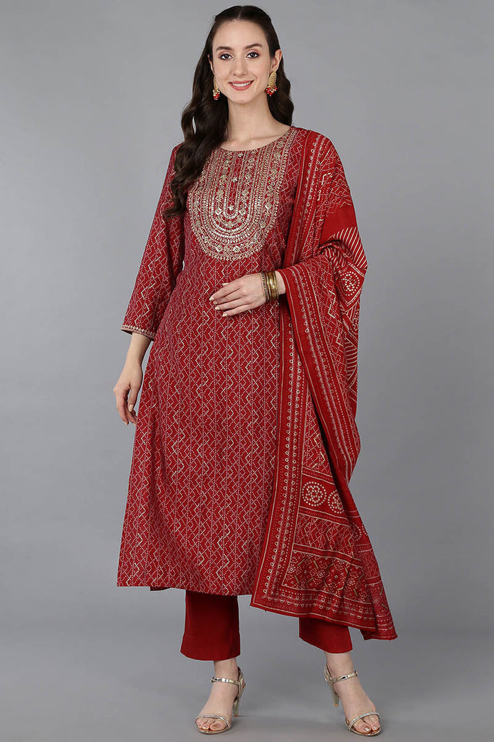 Red Silk Blend Bandhani Print Embroidered Straight Suit Set | SHOBITAM