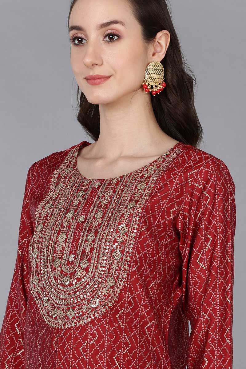 Red Silk Blend Bandhani Print Embroidered Straight Suit Set | SHOBITAM