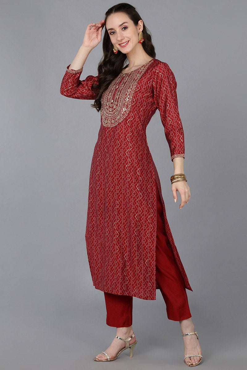 Red Silk Blend Bandhani Print Embroidered Straight Suit Set | SHOBITAM
