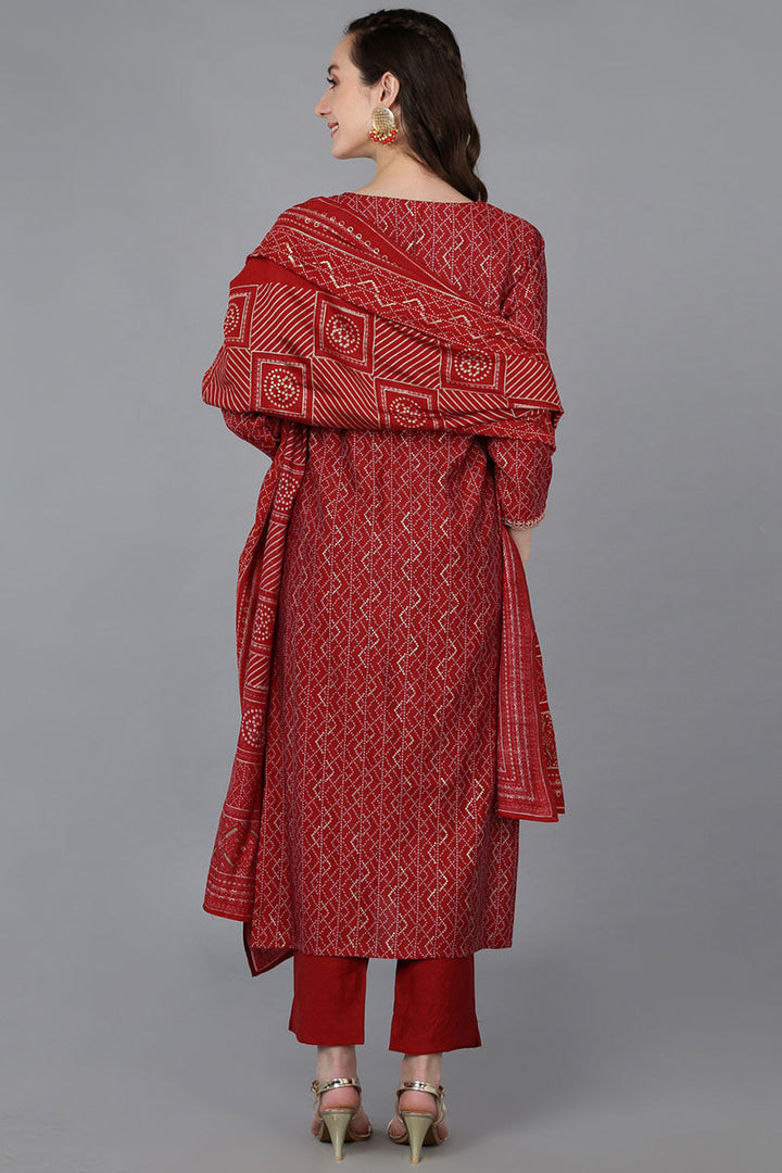 Red Silk Blend Bandhani Print Embroidered Straight Suit Set | SHOBITAM