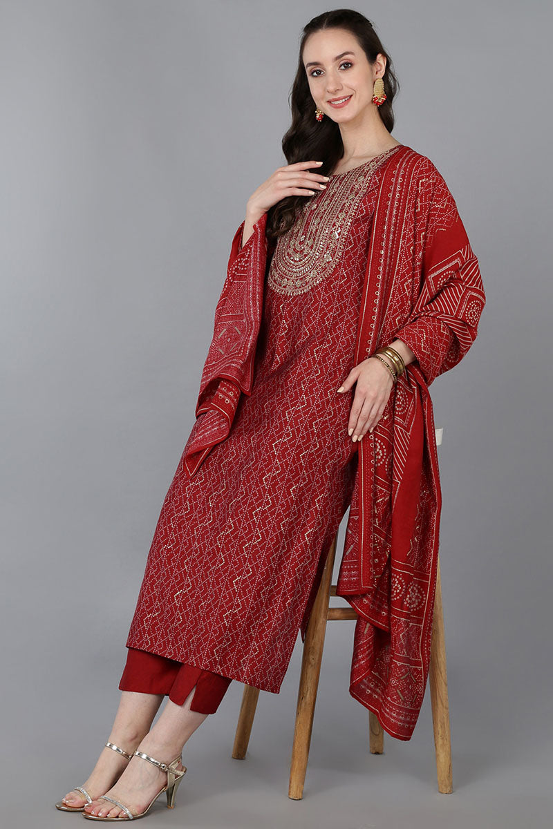 Red Silk Blend Bandhani Print Embroidered Straight Suit Set | SHOBITAM