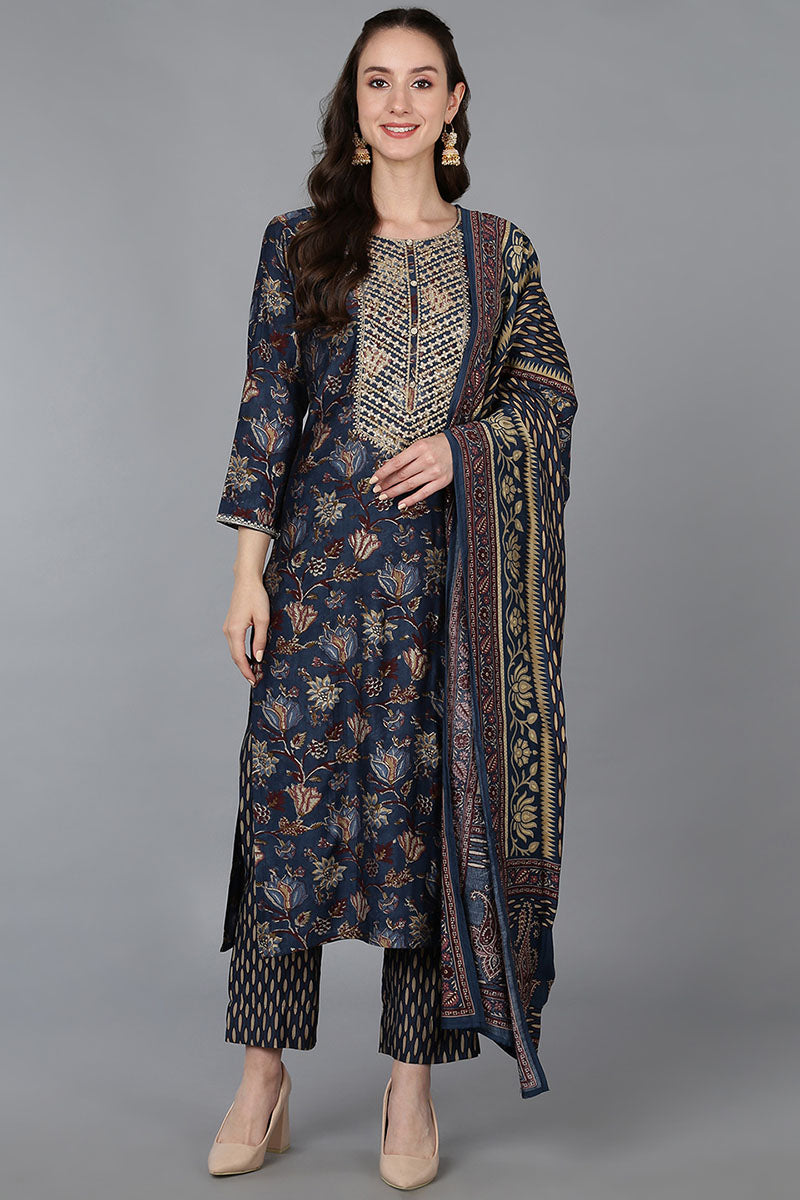 Blue Silk Blend Floral Print Embroidered Straight Suit Set | SHOBITAM