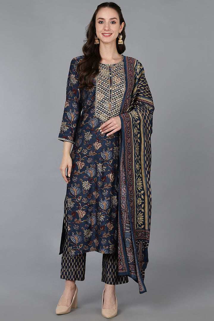 Blue Silk Blend Floral Print Embroidered Straight Suit Set | SHOBITAM