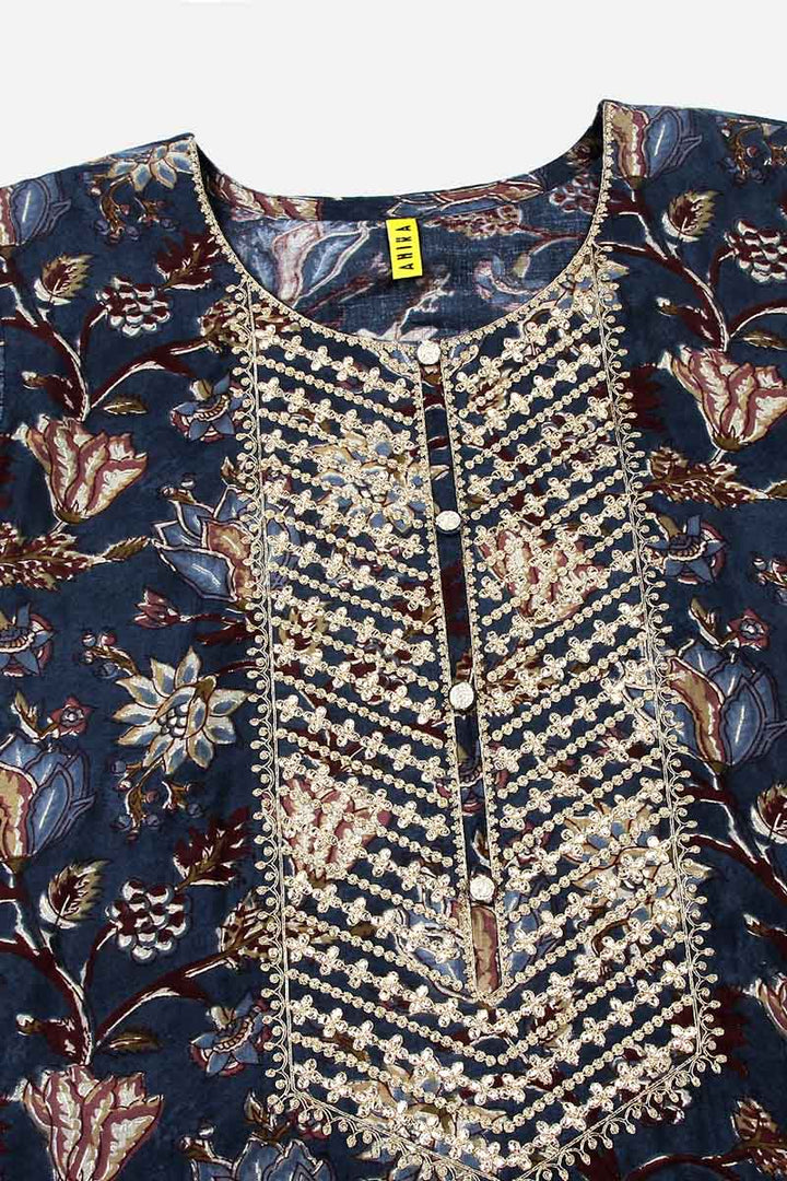 Blue Silk Blend Floral Print Embroidered Straight Suit Set | SHOBITAM