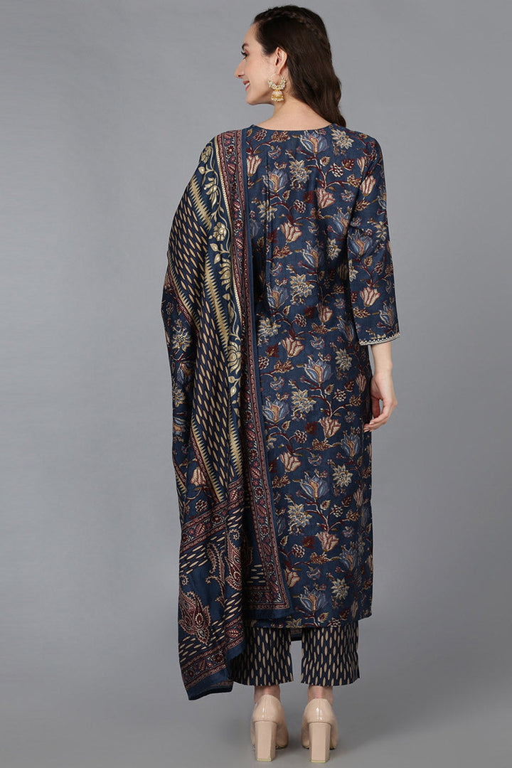 Blue Silk Blend Floral Print Embroidered Straight Suit Set | SHOBITAM
