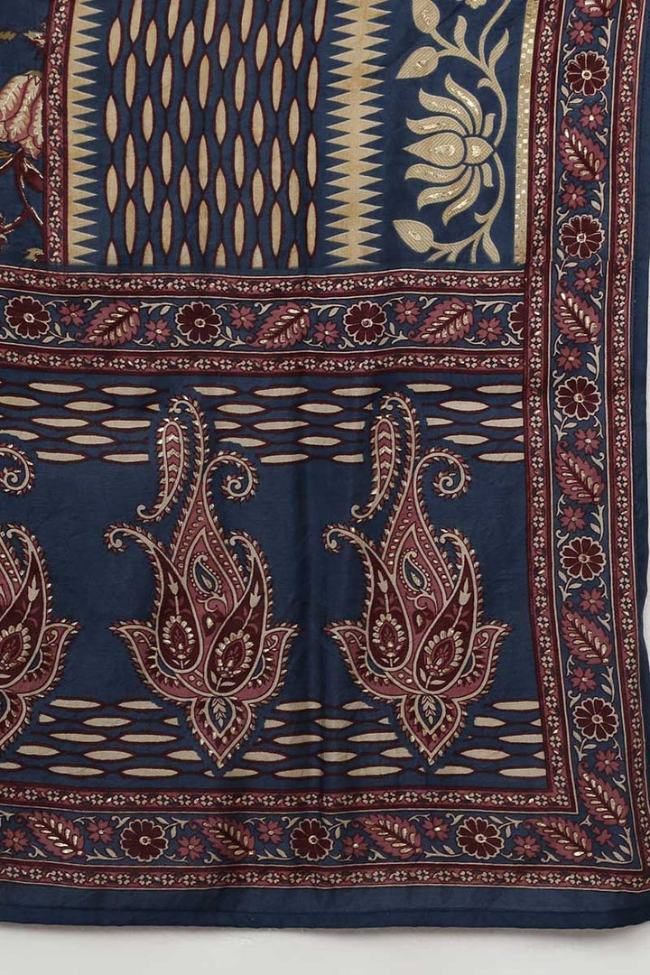 Blue Silk Blend Floral Print Embroidered Straight Suit Set | SHOBITAM