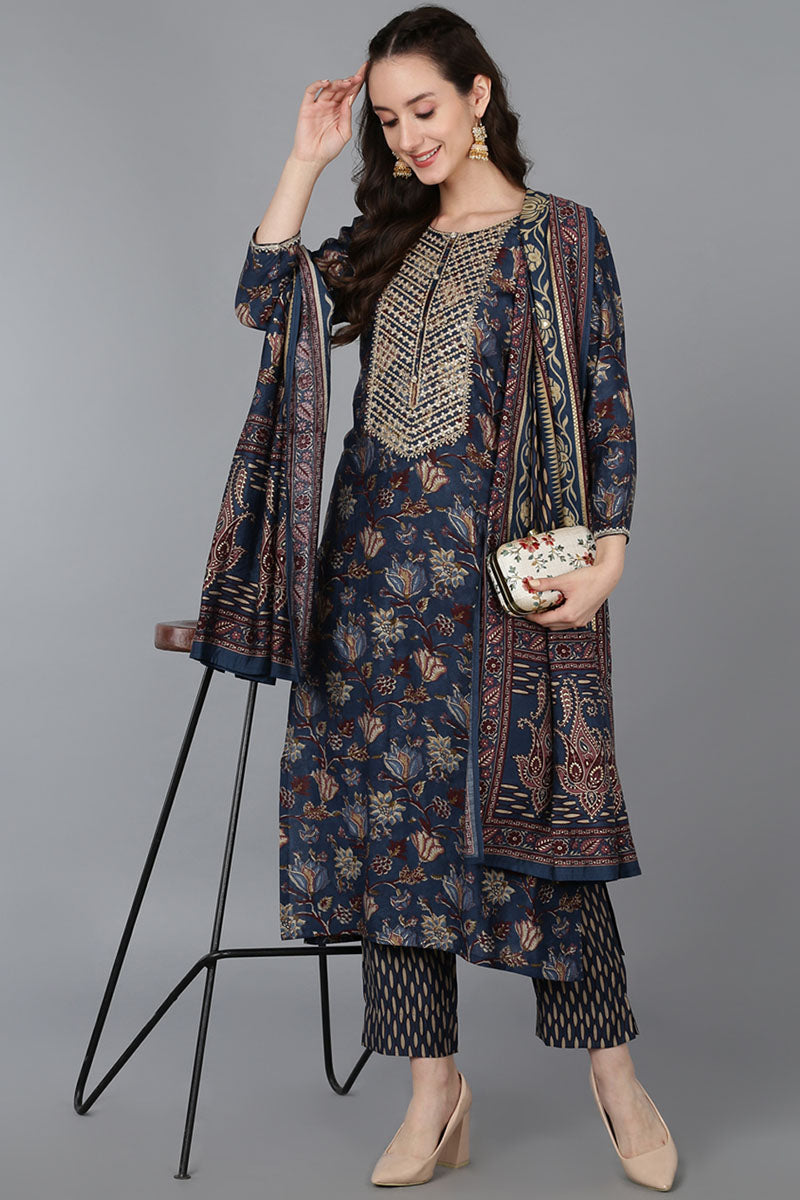 Blue Silk Blend Floral Print Embroidered Straight Suit Set | SHOBITAM