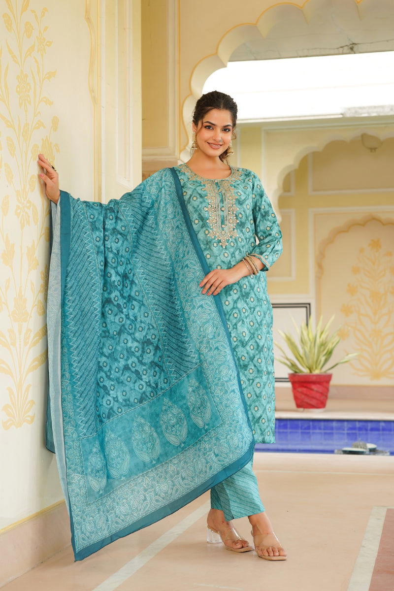 Sea Green Silk Blend Ombre Straight Kurta Trousers With Dupatta | SHOBITAM