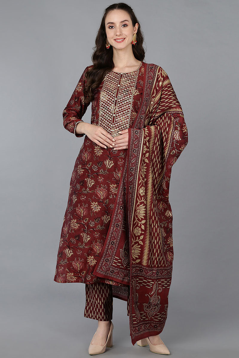 Maroon Silk Blend Floral Straight Kurta Trousers With Dupatta VKSKD1689