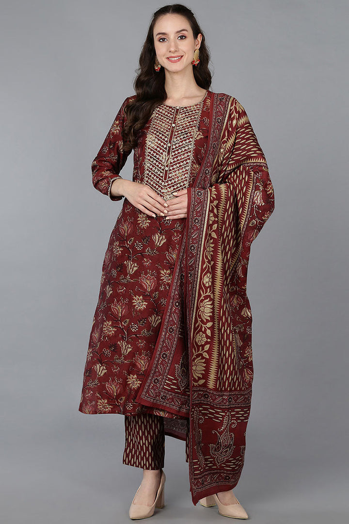 Maroon Silk Blend Floral Straight Kurta Trousers With Dupatta VKSKD1689