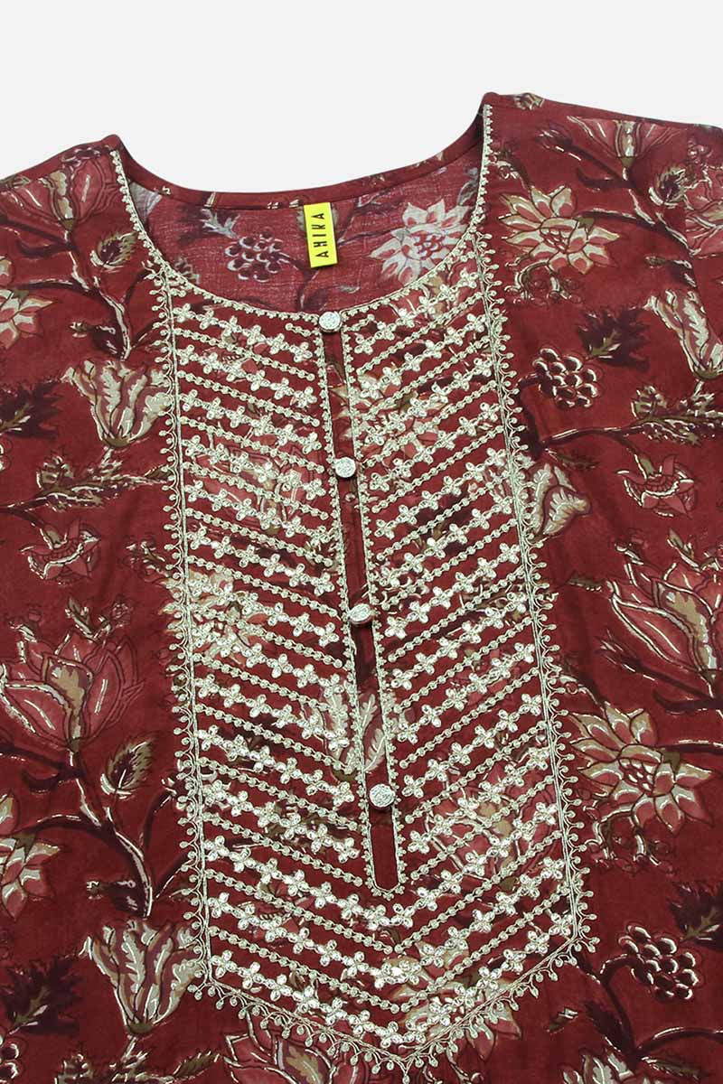 Maroon Silk Blend Floral Straight Kurta Trousers With Dupatta VKSKD1689