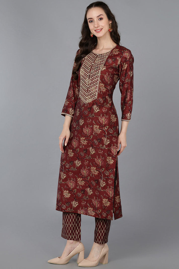 Maroon Silk Blend Floral Straight Kurta Trousers With Dupatta VKSKD1689