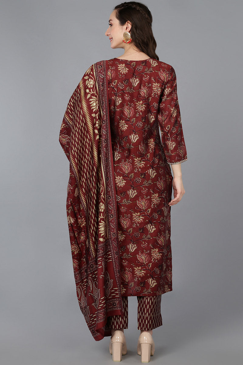 Maroon Silk Blend Floral Straight Kurta Trousers With Dupatta VKSKD1689