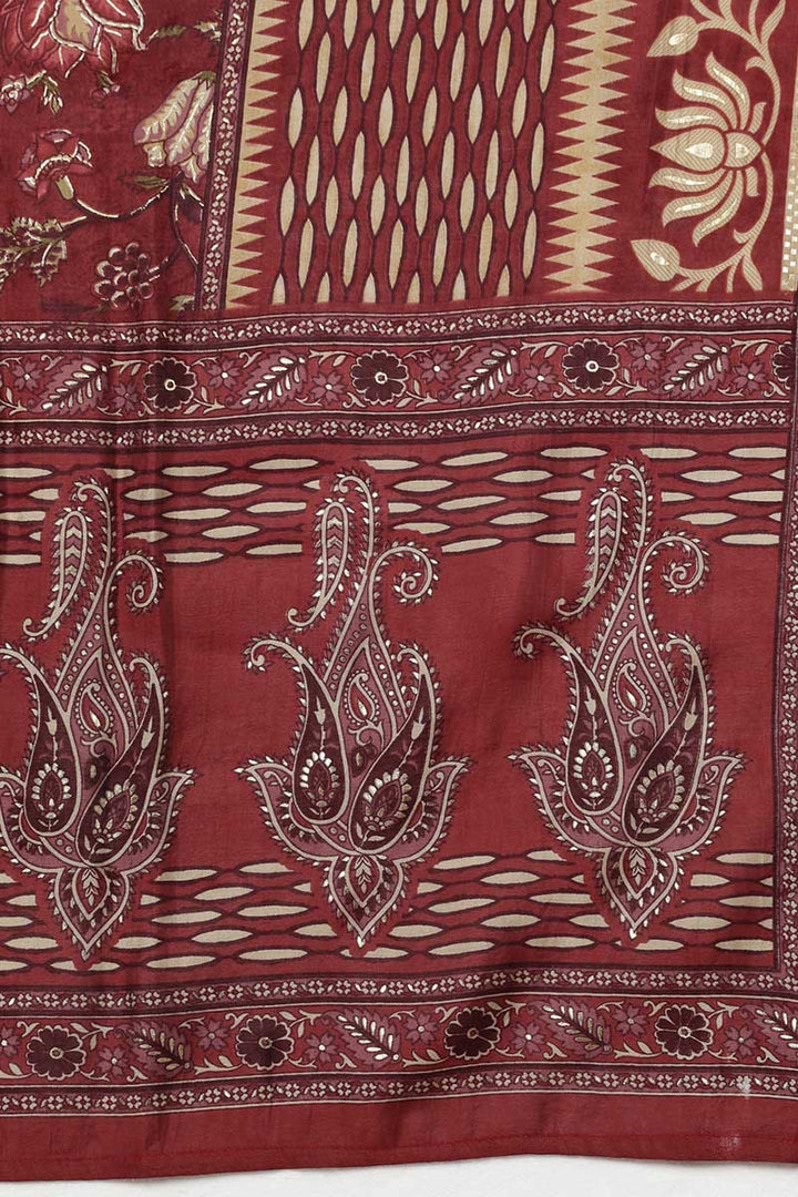 Maroon Silk Blend Floral Straight Kurta Trousers With Dupatta VKSKD1689