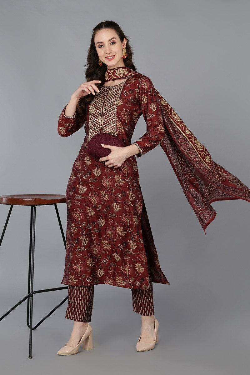 Maroon Silk Blend Floral Straight Kurta Trousers With Dupatta VKSKD1689