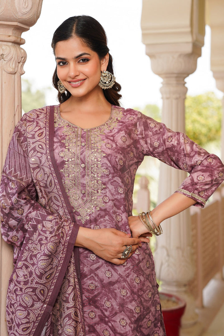 Mauve Silk Blend Ombre Straight Kurta Trousers With Dupatta  | SHOBITAM