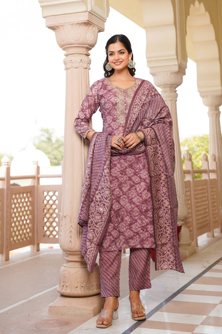 Mauve Silk Blend Ombre Straight Kurta Trousers With Dupatta  | SHOBITAM