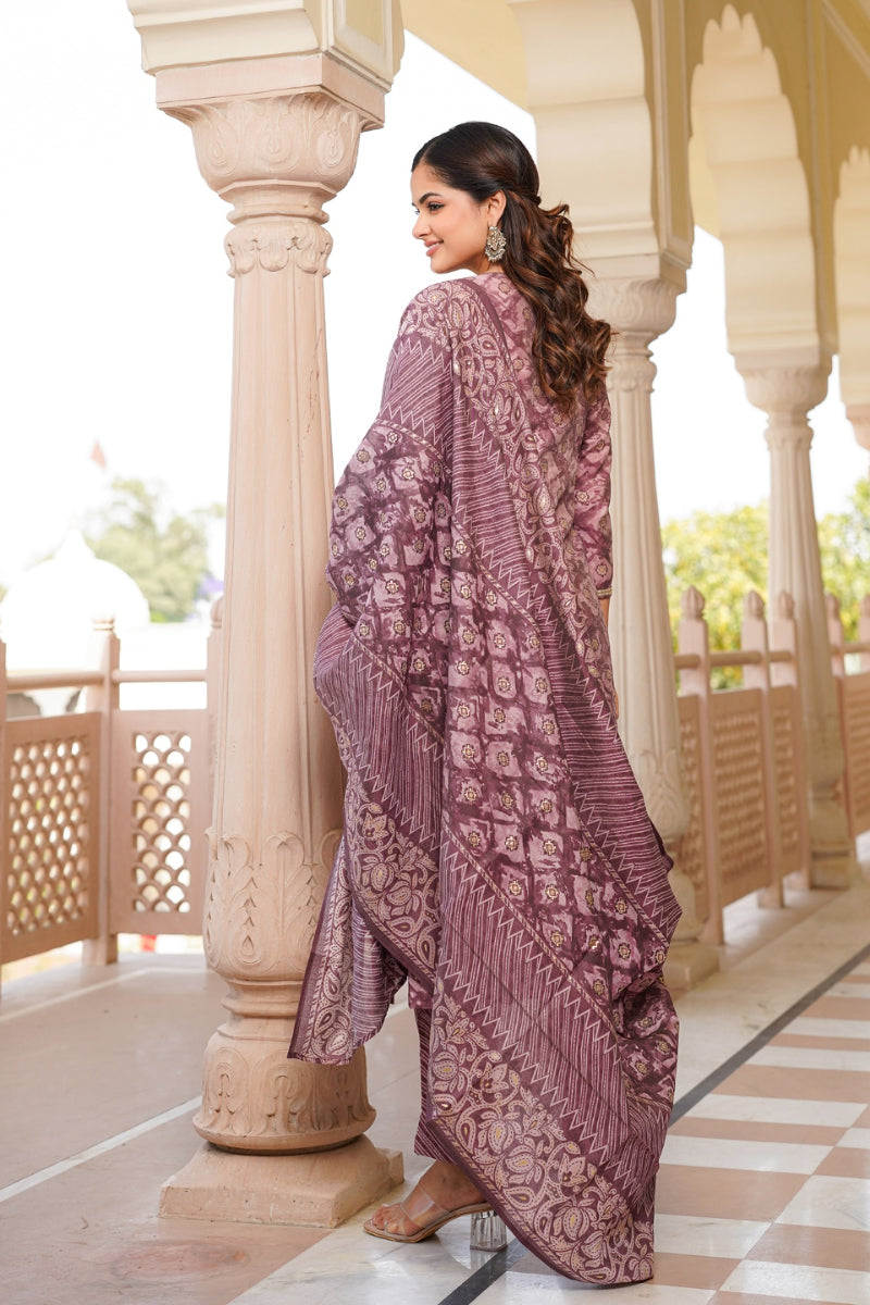 Mauve Silk Blend Ombre Straight Kurta Trousers With Dupatta  | SHOBITAM