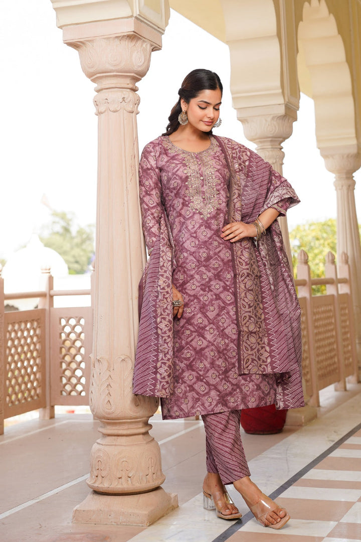 Mauve Silk Blend Ombre Straight Kurta Trousers With Dupatta  | SHOBITAM
