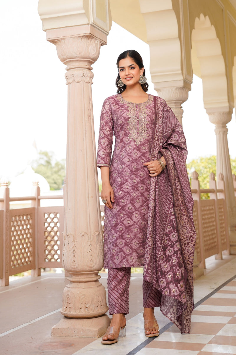 Mauve Silk Blend Ombre Straight Kurta Trousers With Dupatta  | SHOBITAM
