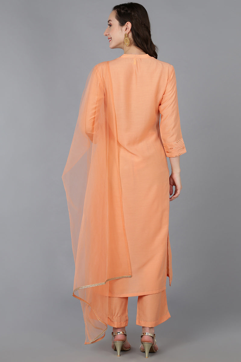 Peach Silk Blend Solid Straight Suit Set | SHOBITAM