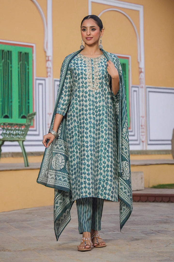 Green Silk Blend Abstract Straight Kurta Trousers With Dupatta  | SHOBITAM