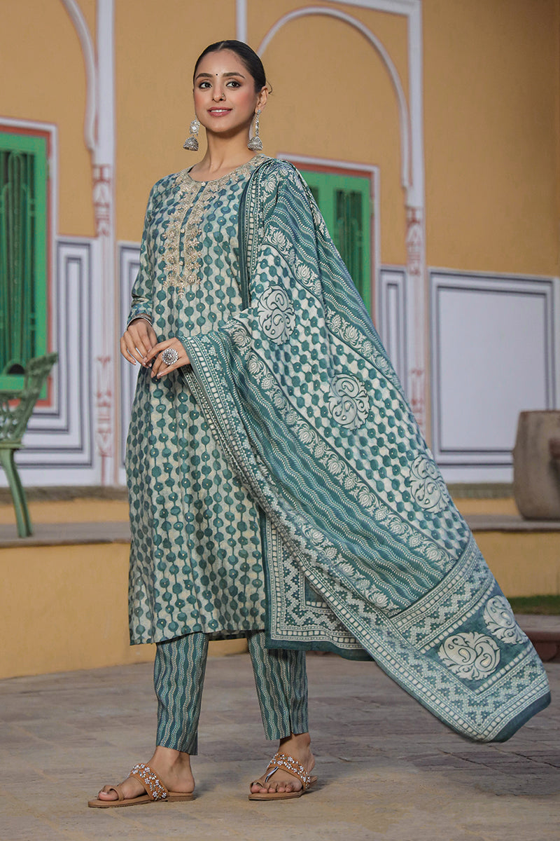 Green Silk Blend Abstract Straight Kurta Trousers With Dupatta  | SHOBITAM