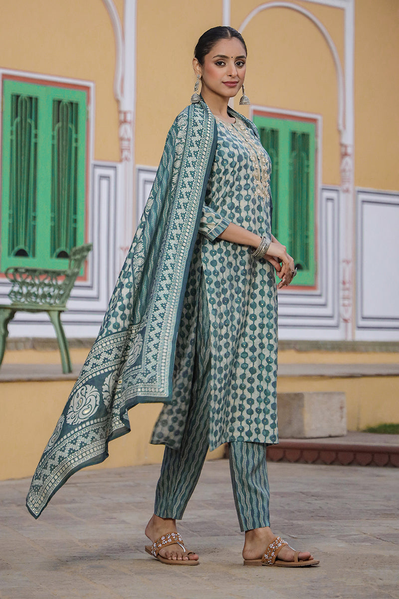 Green Silk Blend Abstract Straight Kurta Trousers With Dupatta  | SHOBITAM