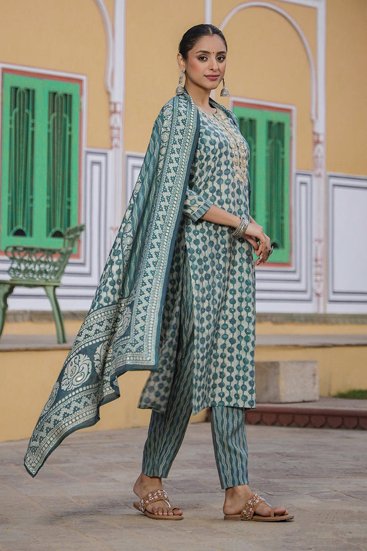 Green Silk Blend Abstract Straight Kurta Trousers With Dupatta  | SHOBITAM