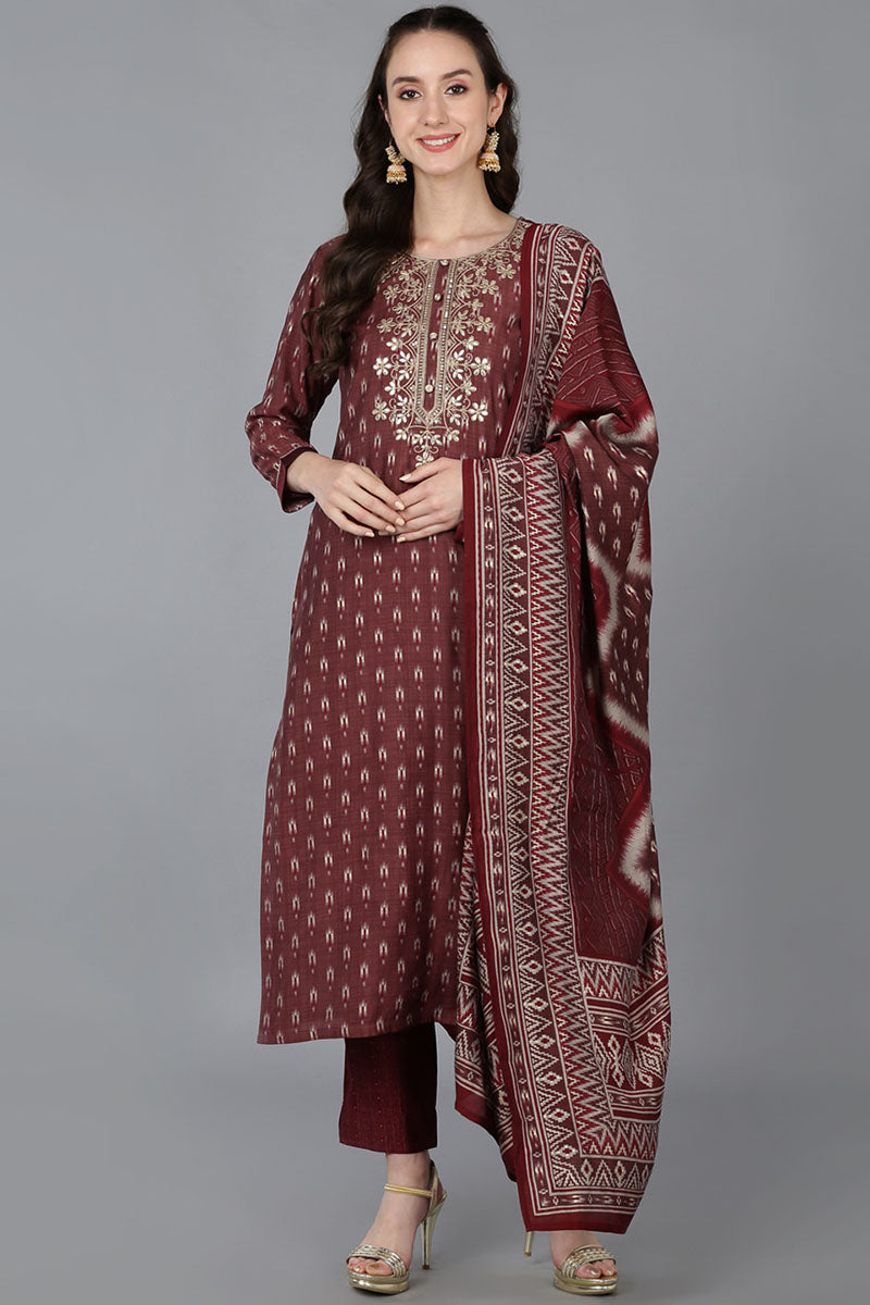 Maroon Silk Blend Geometric Straight Kurta Trousers With Dupatta  | SHOBITAM