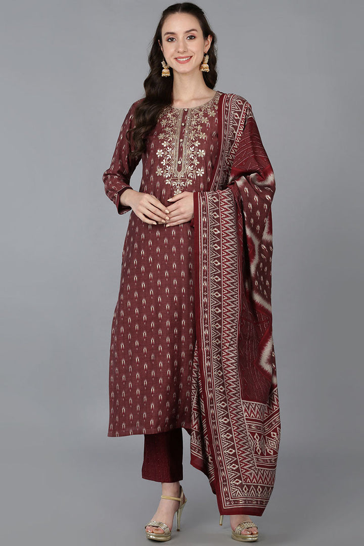 Maroon Silk Blend Geometric Straight Kurta Trousers With Dupatta  | SHOBITAM