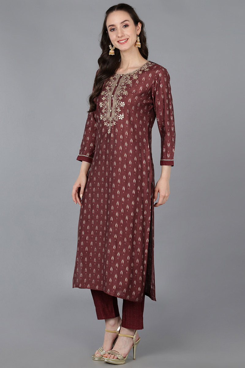 Maroon Silk Blend Geometric Straight Kurta Trousers With Dupatta  | SHOBITAM