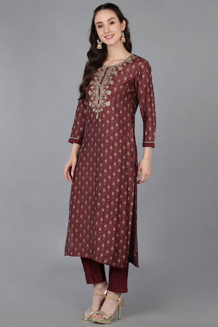 Maroon Silk Blend Geometric Straight Kurta Trousers With Dupatta  | SHOBITAM