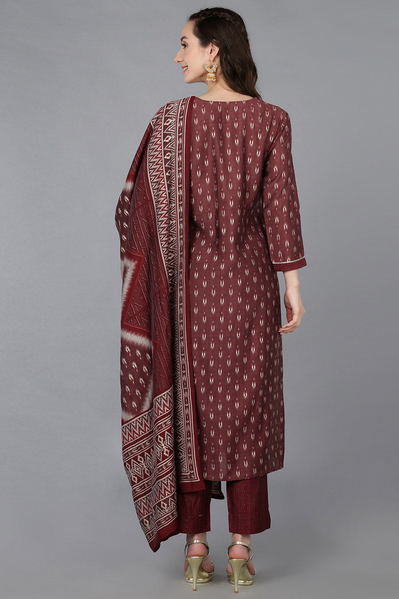 Maroon Silk Blend Geometric Straight Kurta Trousers With Dupatta  | SHOBITAM