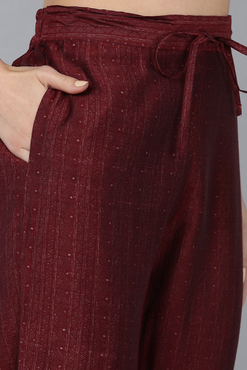 Maroon Silk Blend Geometric Straight Kurta Trousers With Dupatta  | SHOBITAM