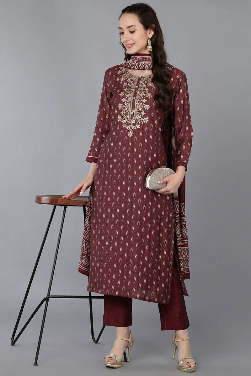 Maroon Silk Blend Geometric Straight Kurta Trousers With Dupatta  | SHOBITAM