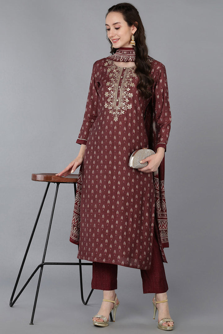 Maroon Silk Blend Geometric Straight Kurta Trousers With Dupatta  | SHOBITAM